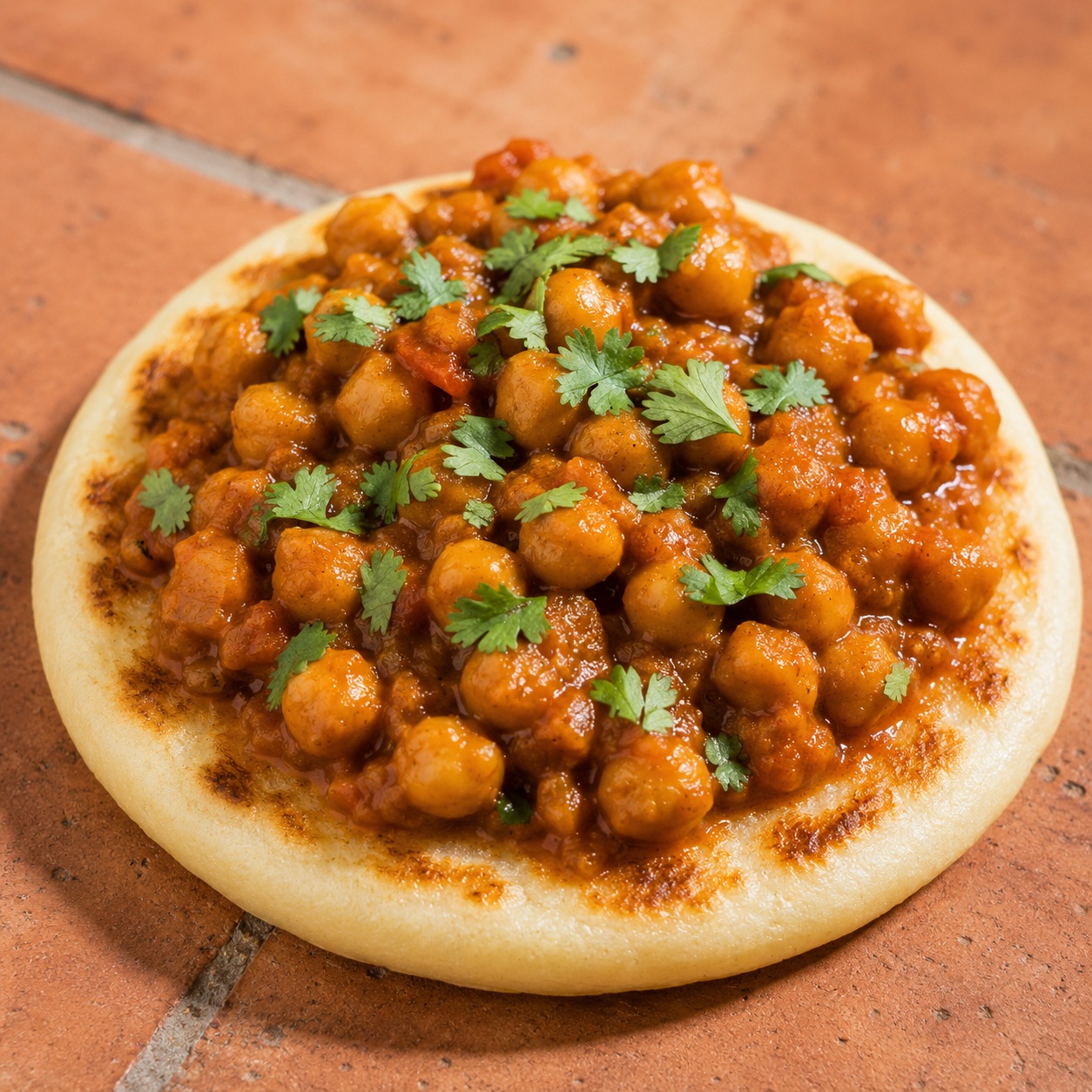 Arepa topped with chickpeas in a spiced tomato chana masala sauce