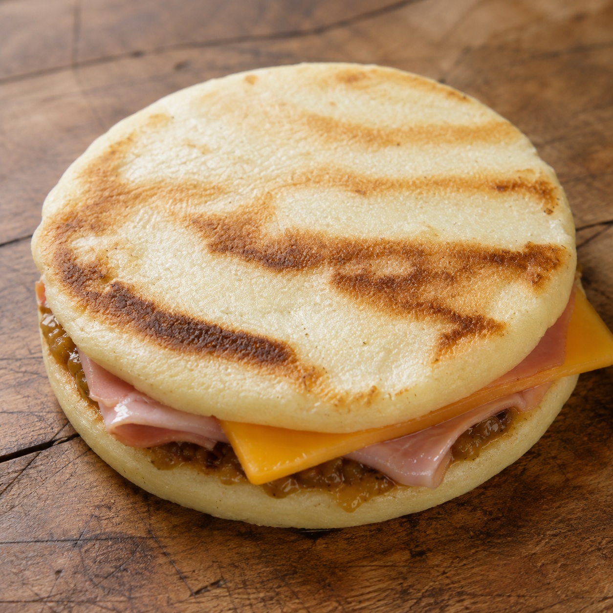 Two arepas sandwiched with sharp cheddar, ham and pickle relish