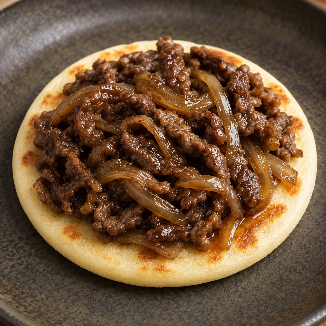Arepa topped with thin beef and onion in a glossy tamari-mirin sauce