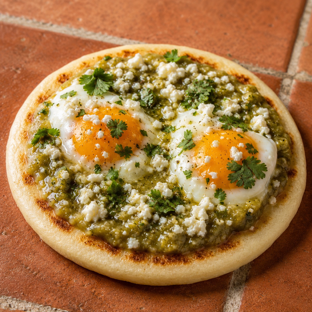 Arepa topped with eggs poached in green tomatillo sauce with queso fresco