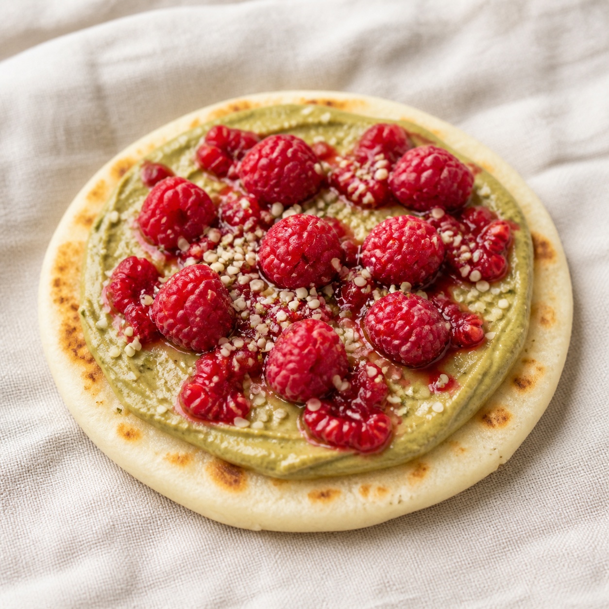 Arepa spread with green pistachio butter, raspberries and hemp seeds