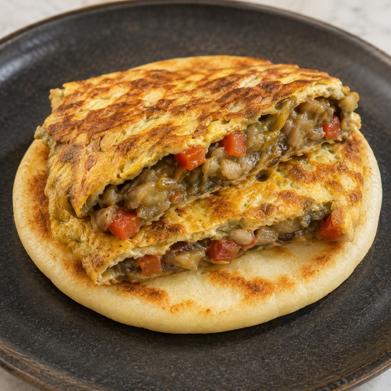 Arepa topped with a Filipino eggplant omelette (tortang talong)