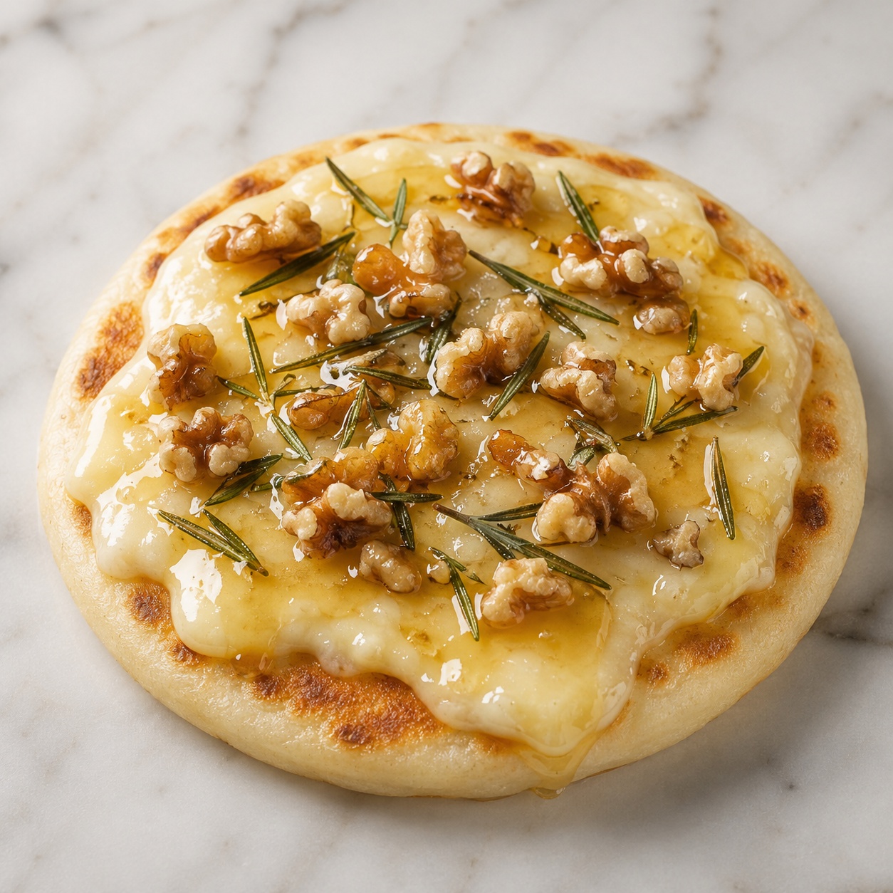 Arepa topped with molten baked camembert, honey, walnuts and rosemary