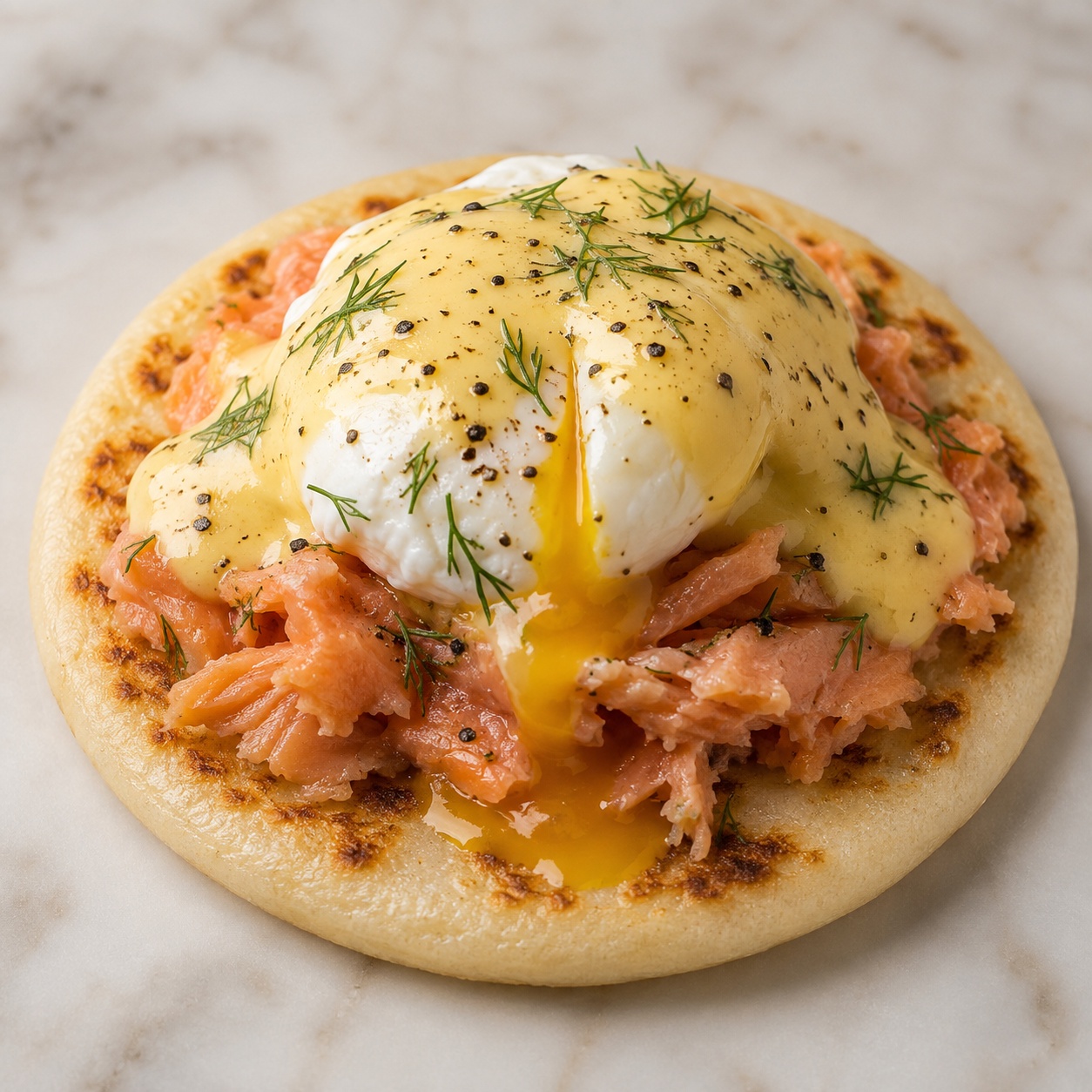 Arepa topped with smoked trout, a poached egg and lemon hollandaise