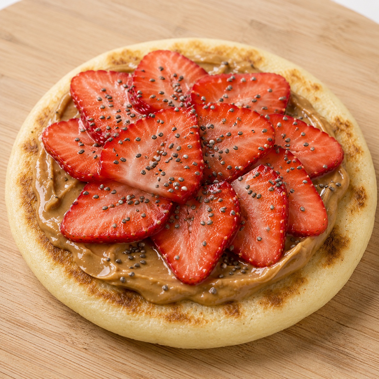 Arepa spread with peanut butter, sliced strawberries and chia seeds