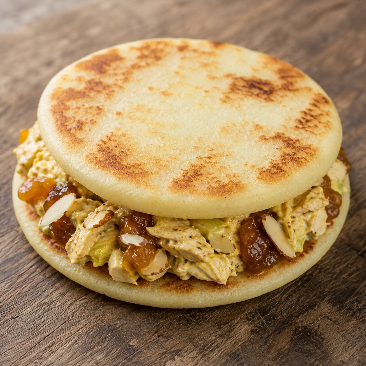 Two arepas sandwiched with curried chicken salad and mango chutney