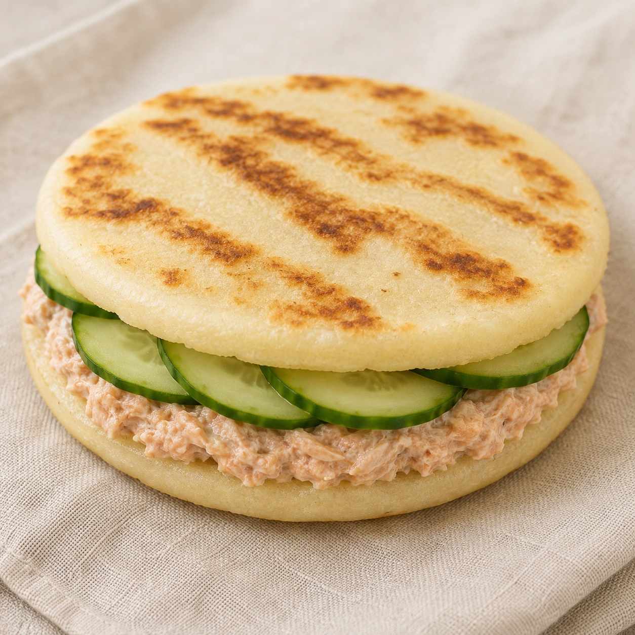 Two arepas sandwiched with smoked trout pâté and cucumber slices