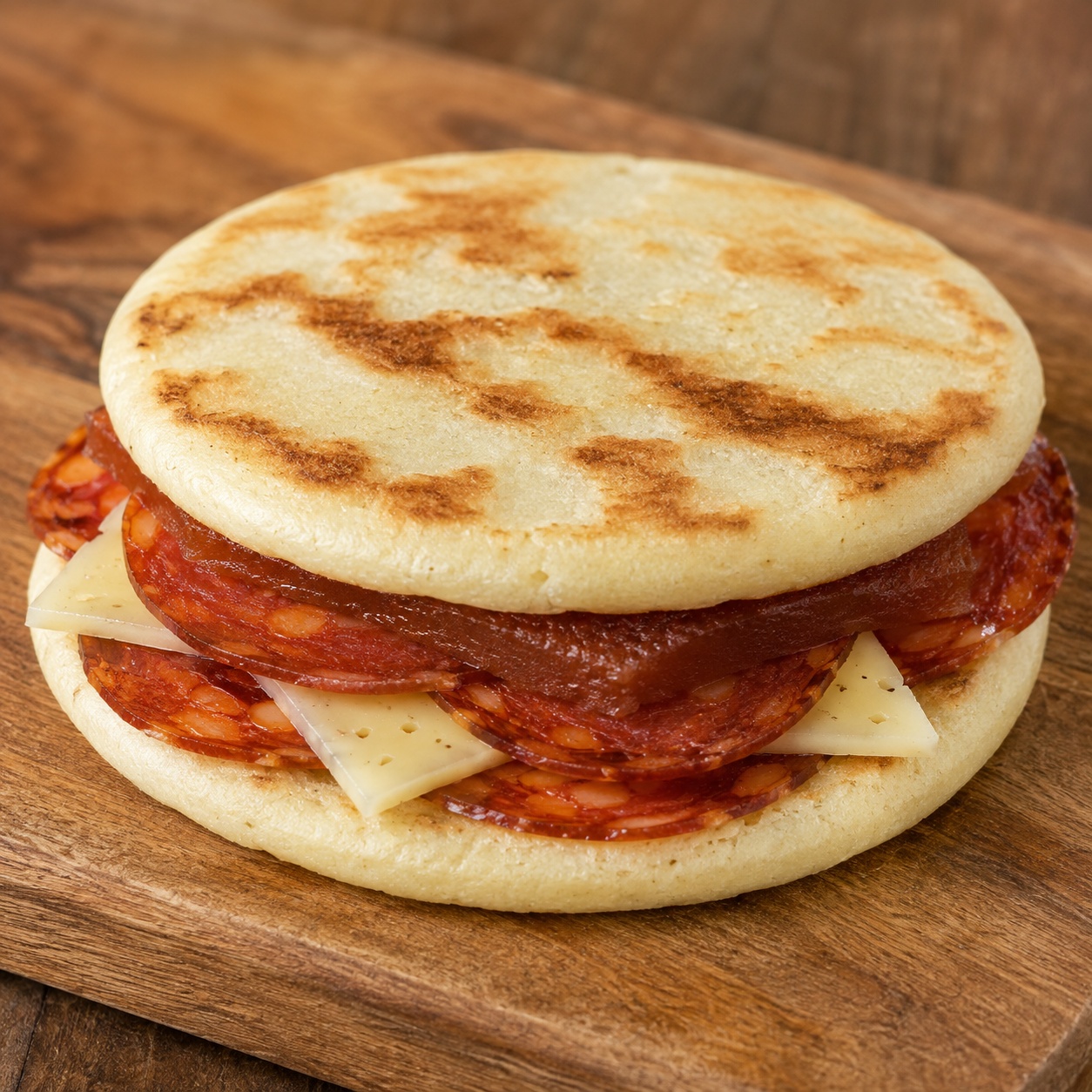 Two arepas sandwiched with cured chorizo, manchego and quince paste