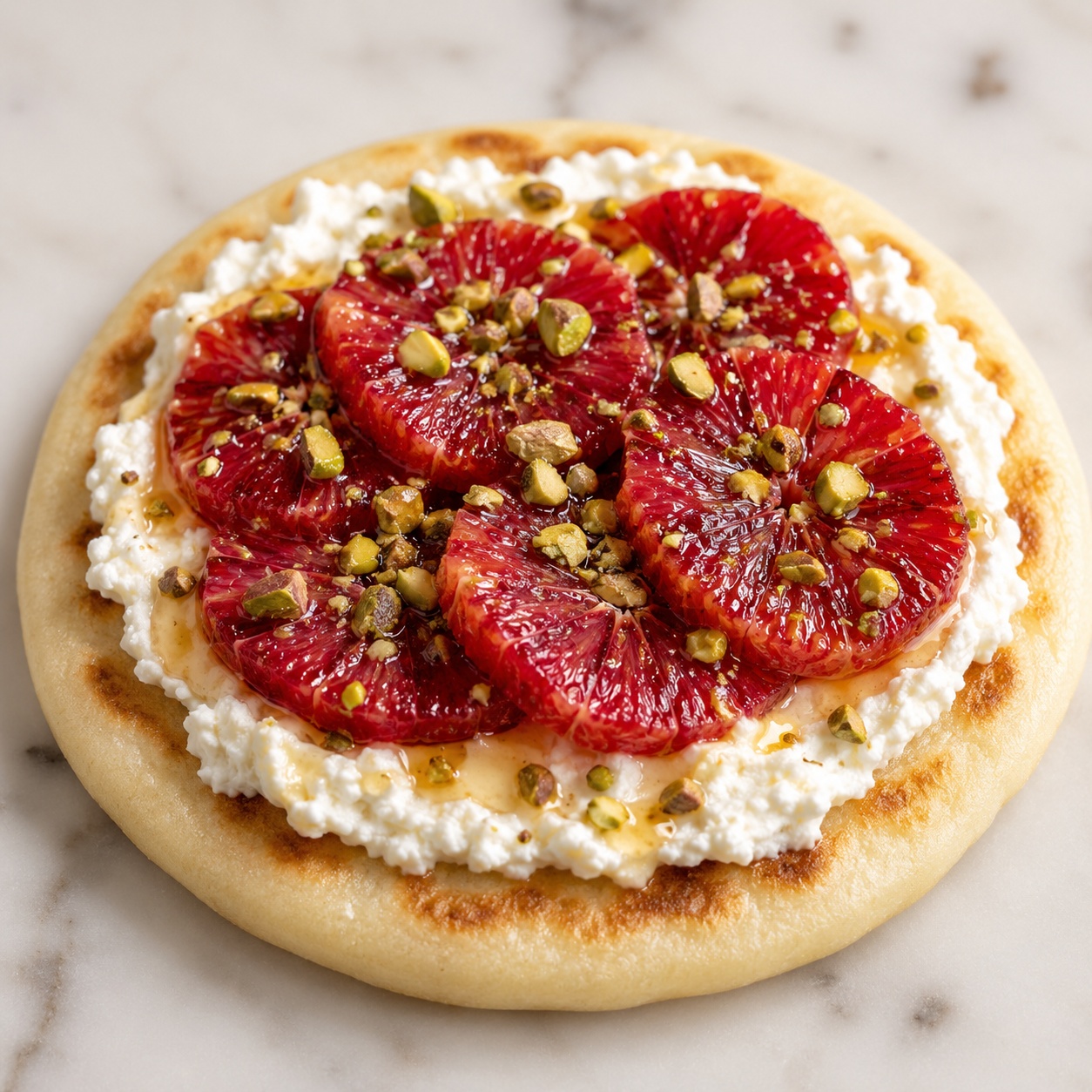 Arepa spread with ricotta, blood orange slices and crushed pistachio