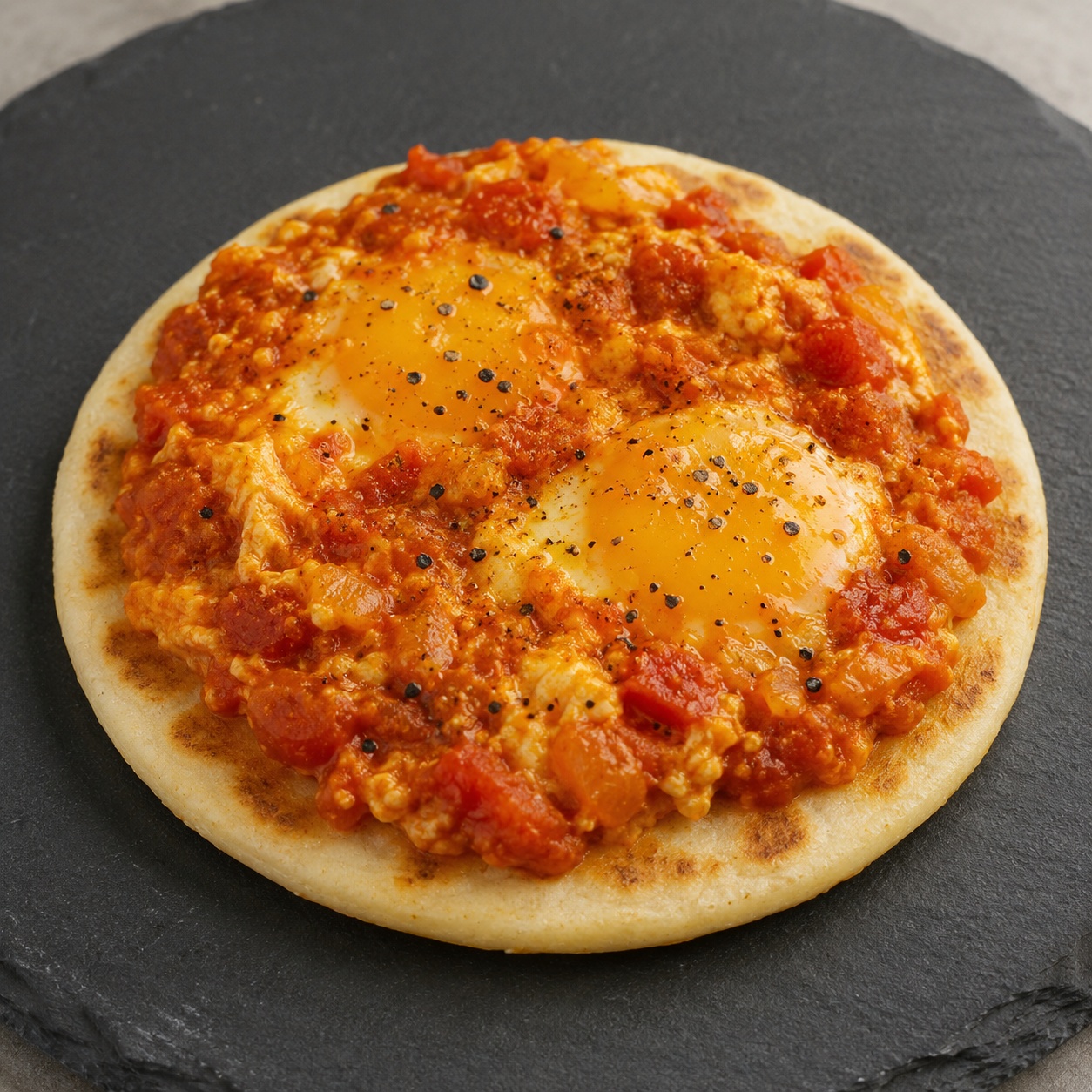 Arepa topped with eggs cooked in a golden turmeric tomato sauce