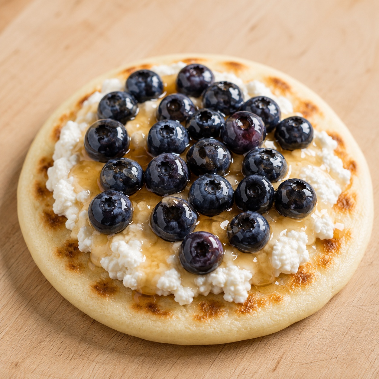 Arepa spread with ricotta, fresh blueberries and maple syrup
