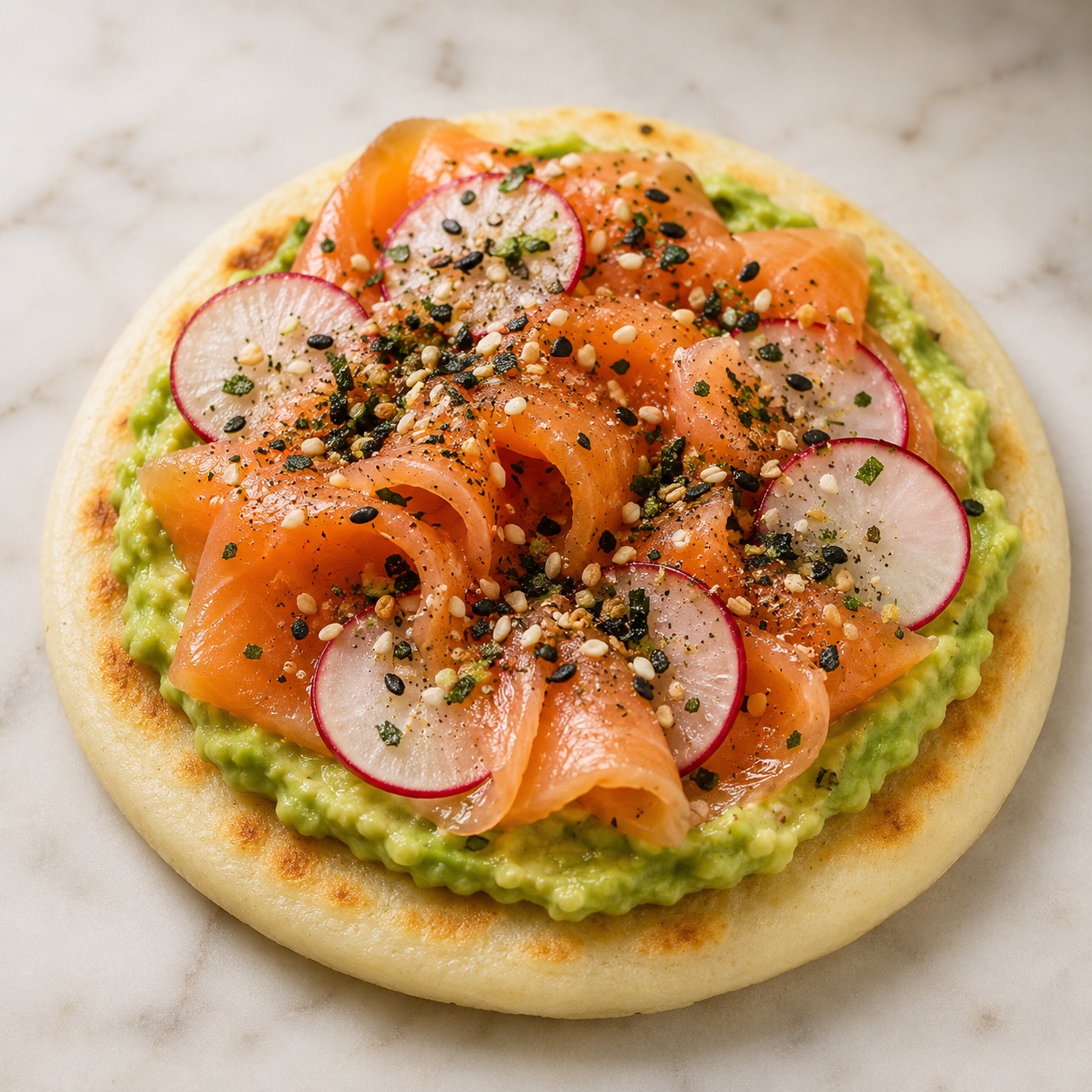 Arepa with mashed avocado, smoked salmon, radish slices and furikake