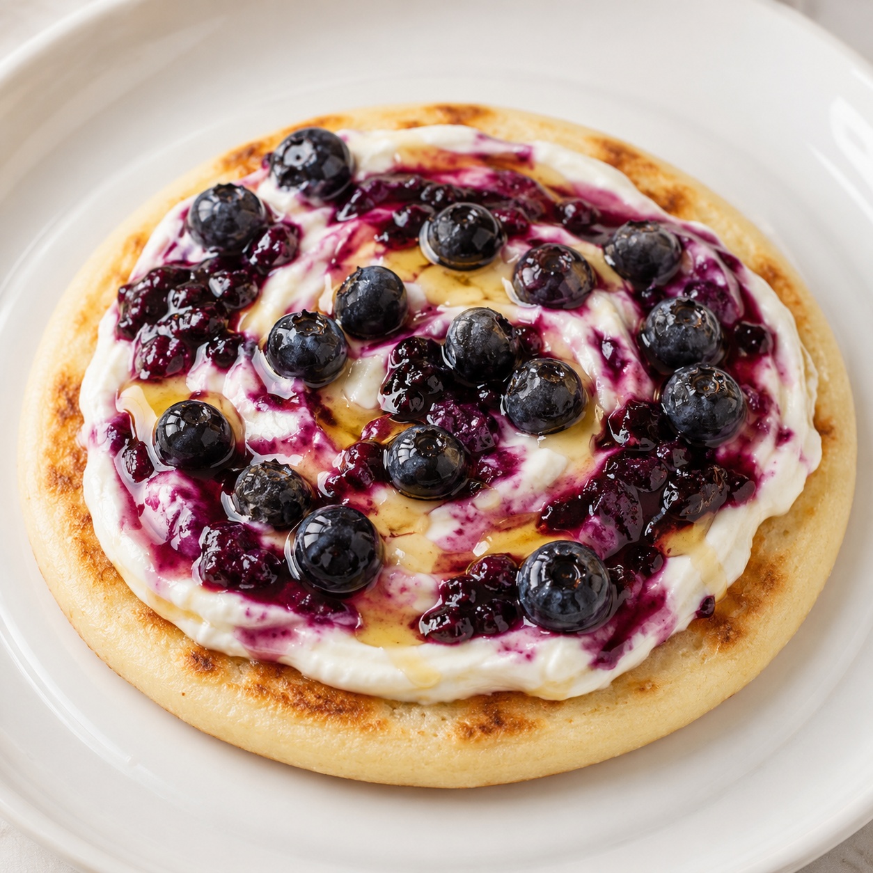 Arepa spread with Greek yogurt swirled with mashed blueberries and honey
