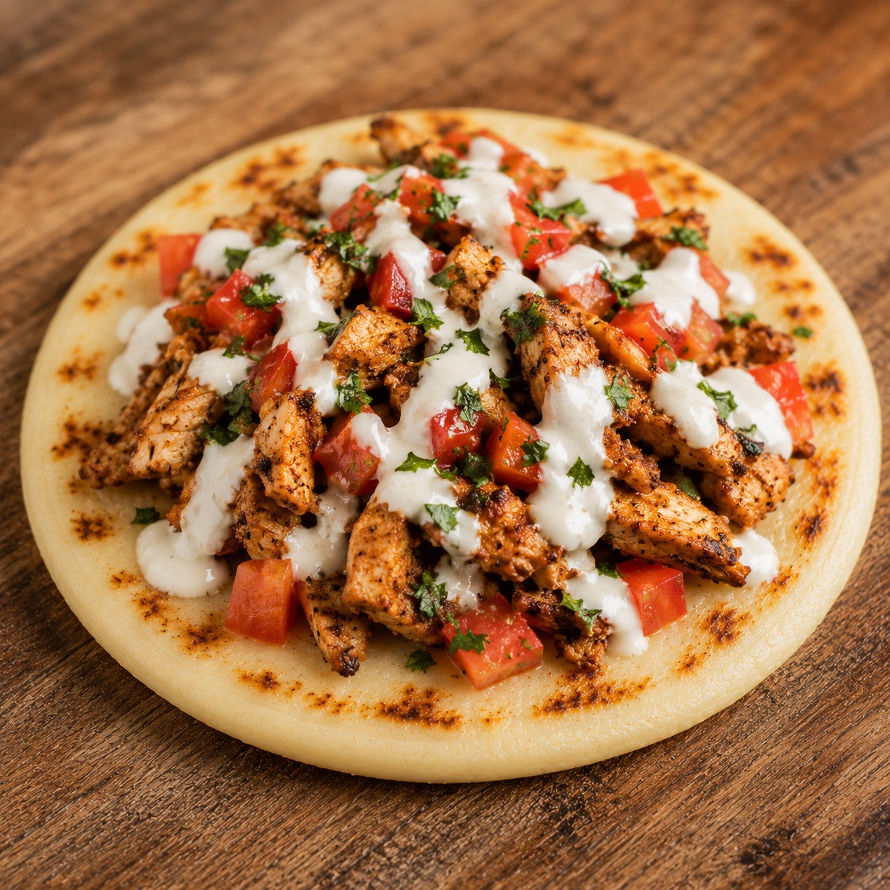 Arepa topped with spiced shawarma chicken, diced tomato and white garlic sauce