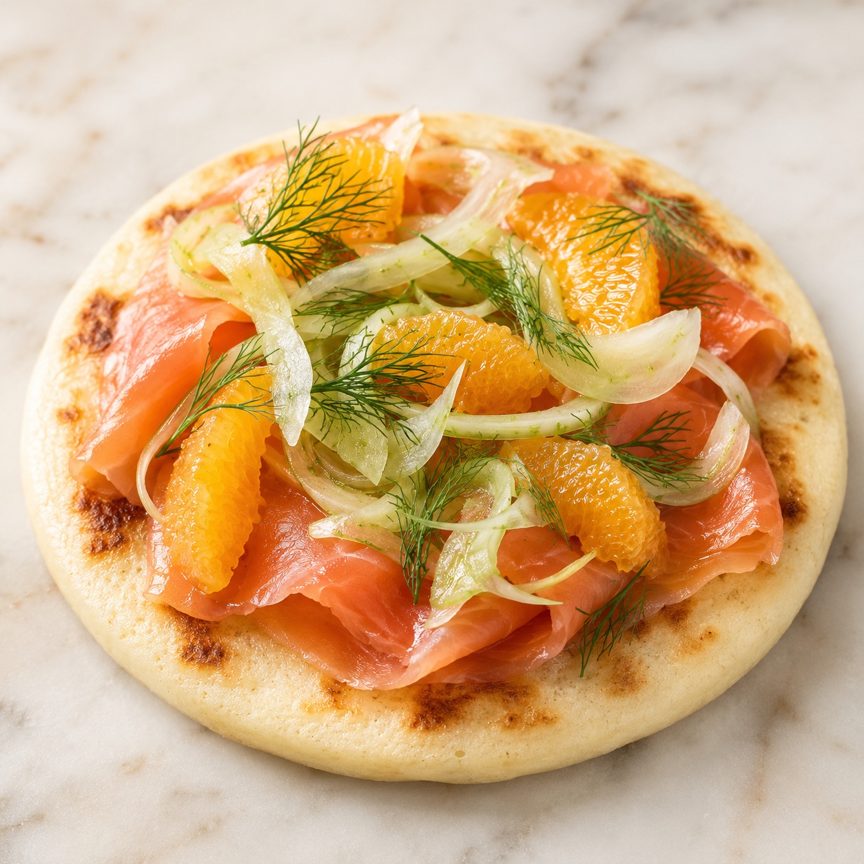 Arepa topped with cured salmon, pickled fennel and orange segments