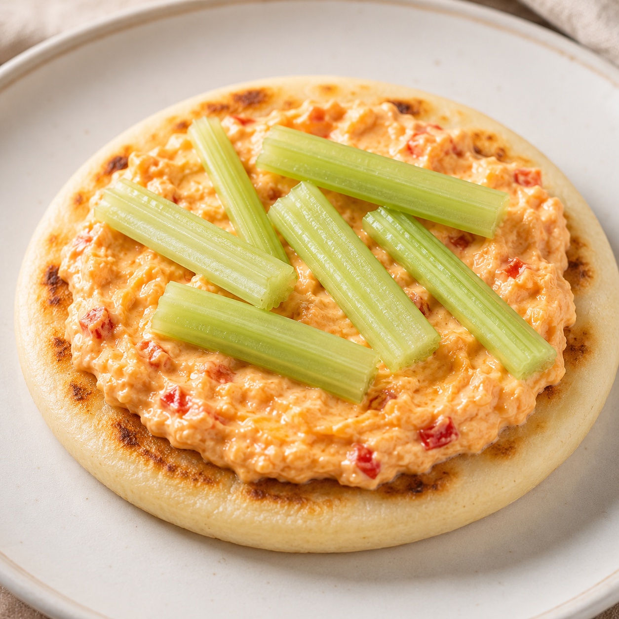 Arepa spread with pimento cheese and topped with celery sticks