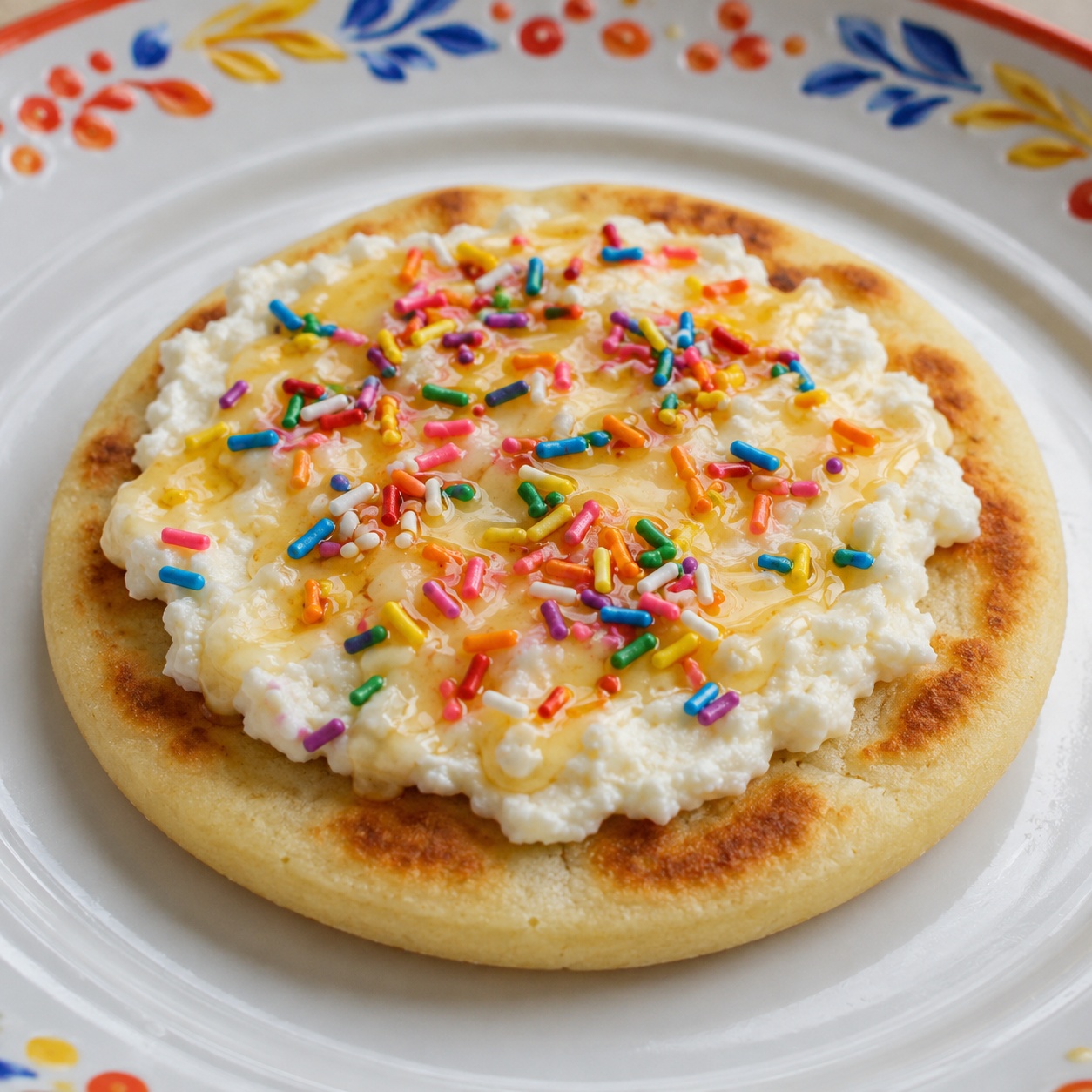Arepa spread with ricotta, honey and colorful rainbow sprinkles