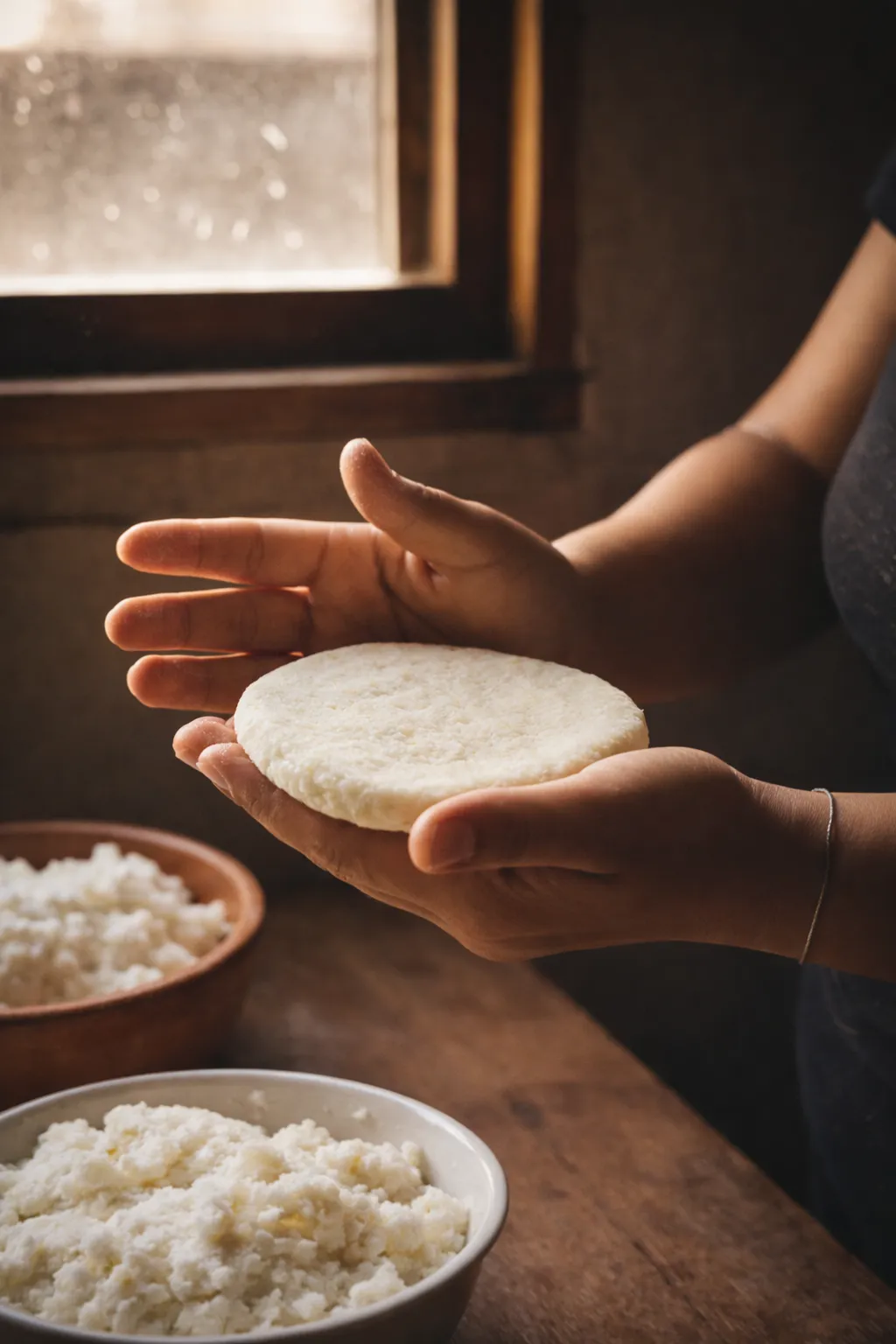 Close up of hands shaping traditional Colombian arepa dough with care