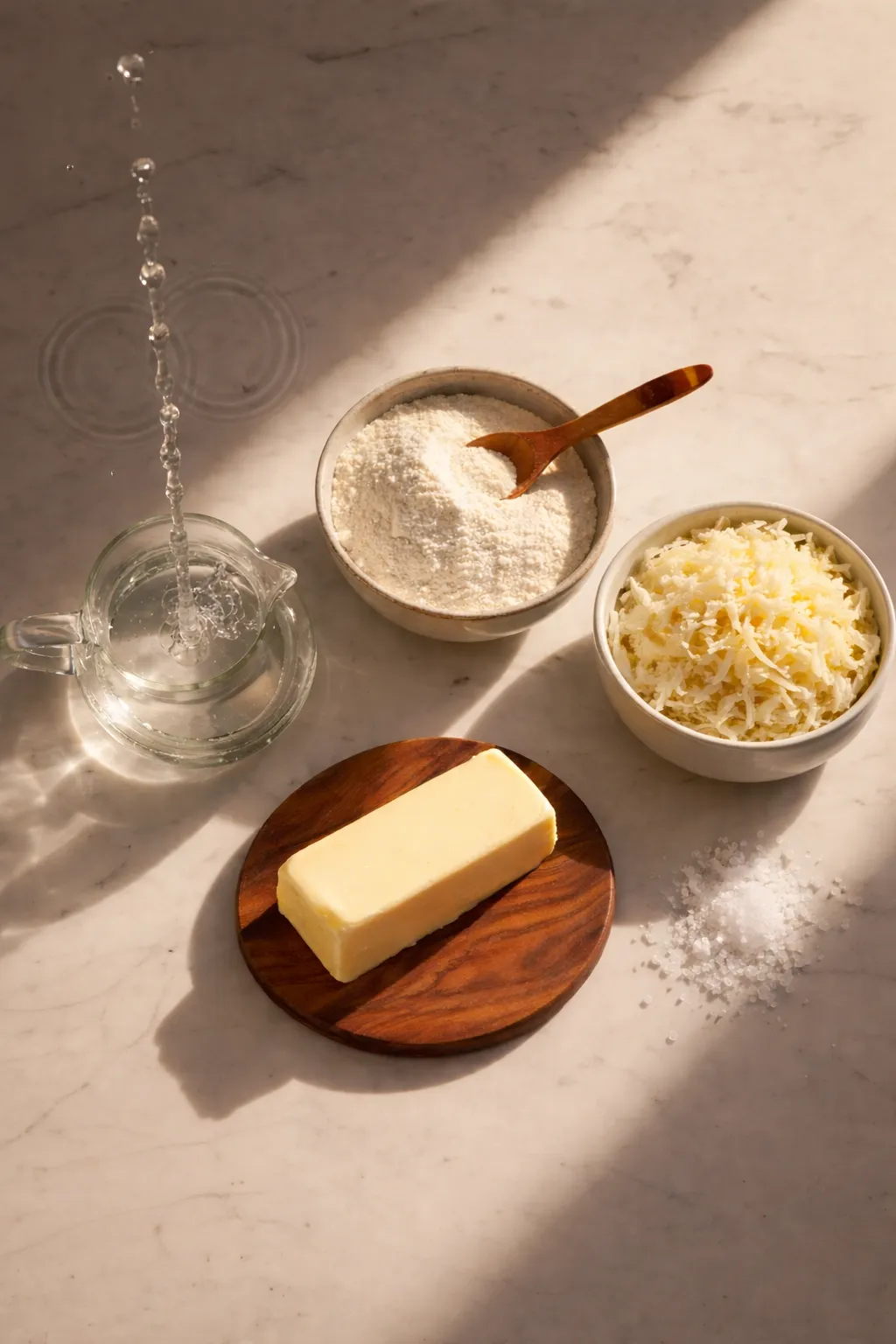 A clean flat lay of simple arepa ingredients including corn flour, salt, water, and cheese on a light marble surface.