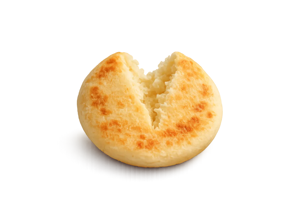 A warm, golden, freshly baked Zavor & Co. arepa, broken open with steam rising, beautifully presented in soft natural light.