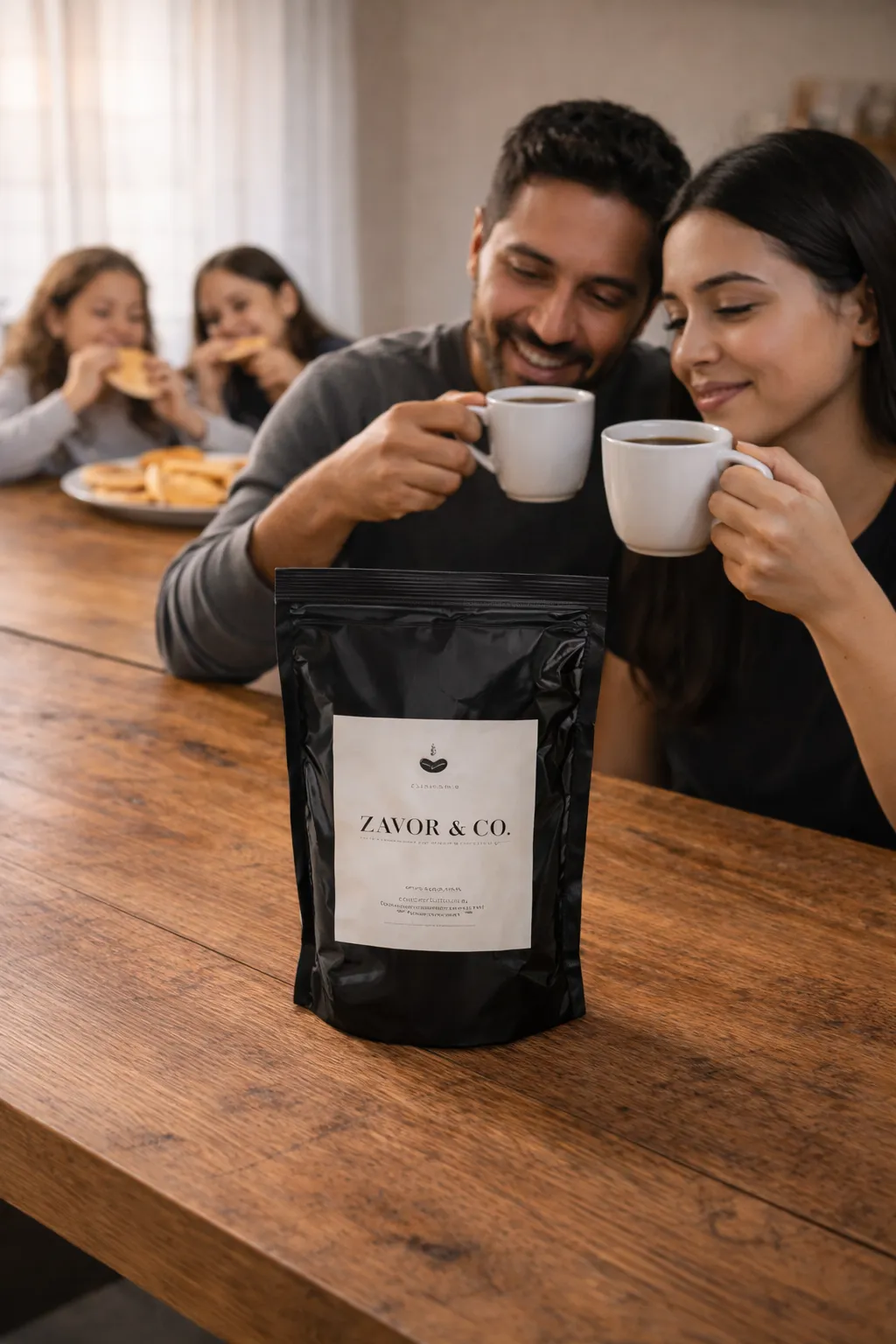 Family enjoying Colombian Supremo coffee with Zavor coffee bag on breakfast table