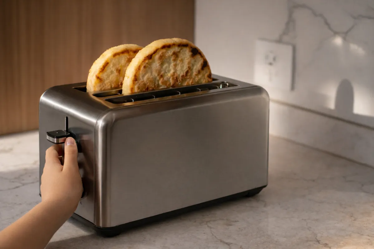 Colombian arepas toasting in kitchen toaster for quick easy breakfast preparation