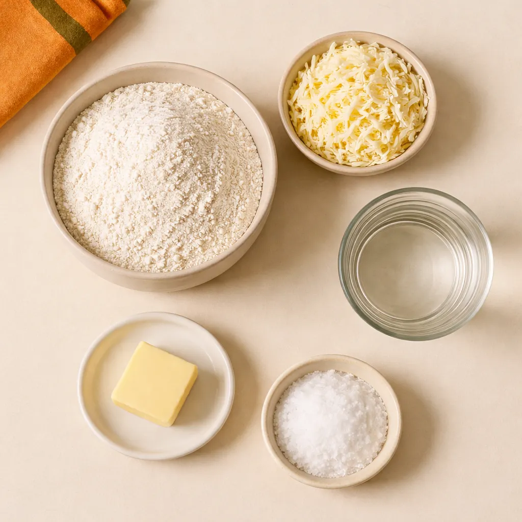 Flat lay of clean ingredients: corn flour, water, salt, butter