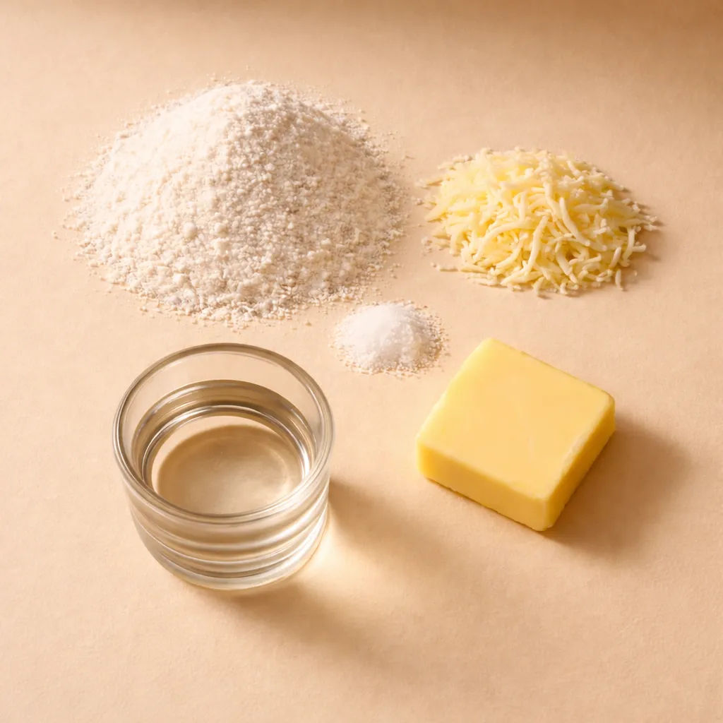 Clean flat lay of Zavor's 4 simple ingredients: corn flour, salt, water, and cheese on a light surface.