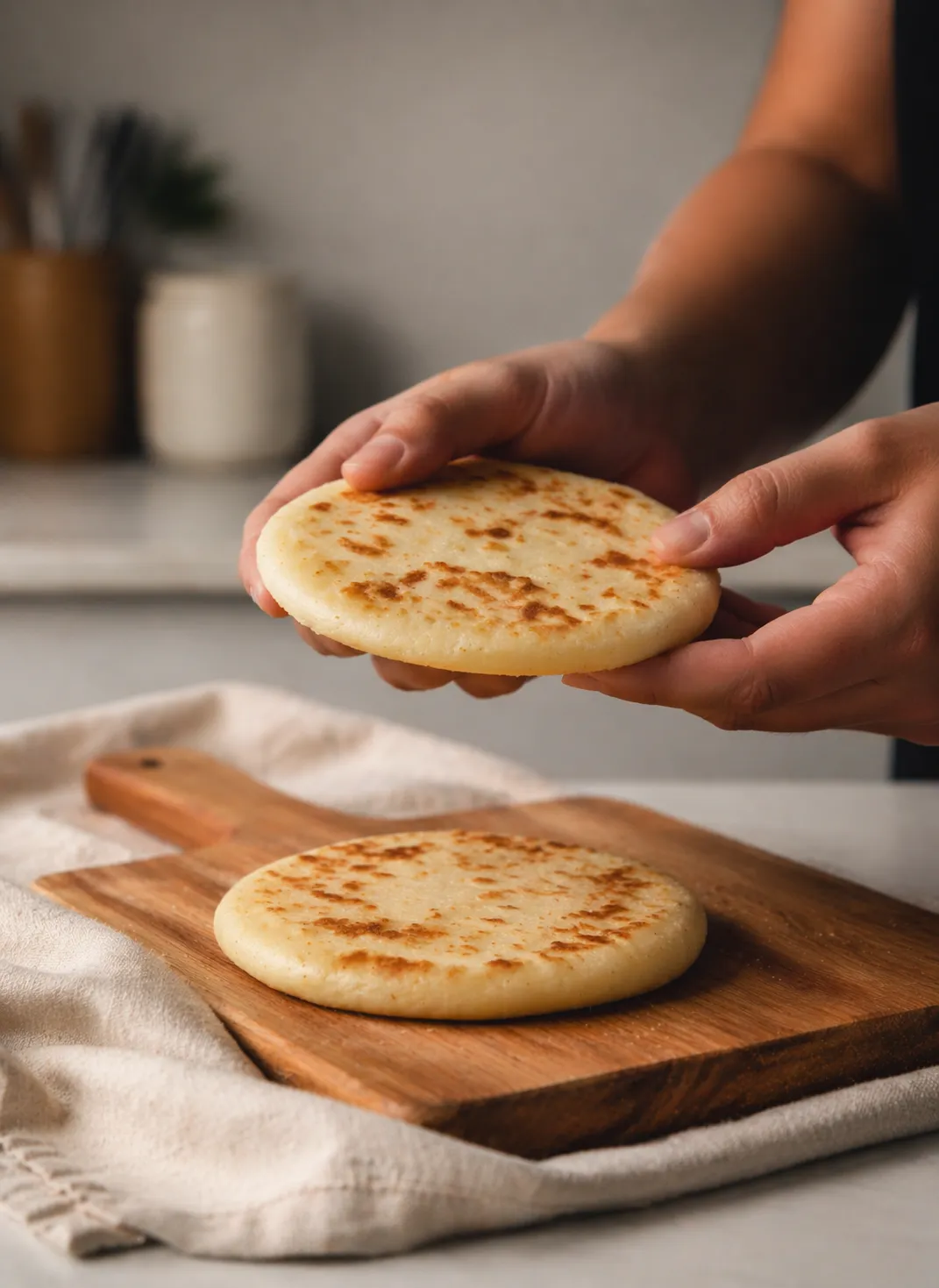 Warm hands holding a freshly toasted, golden Colombian arepa.