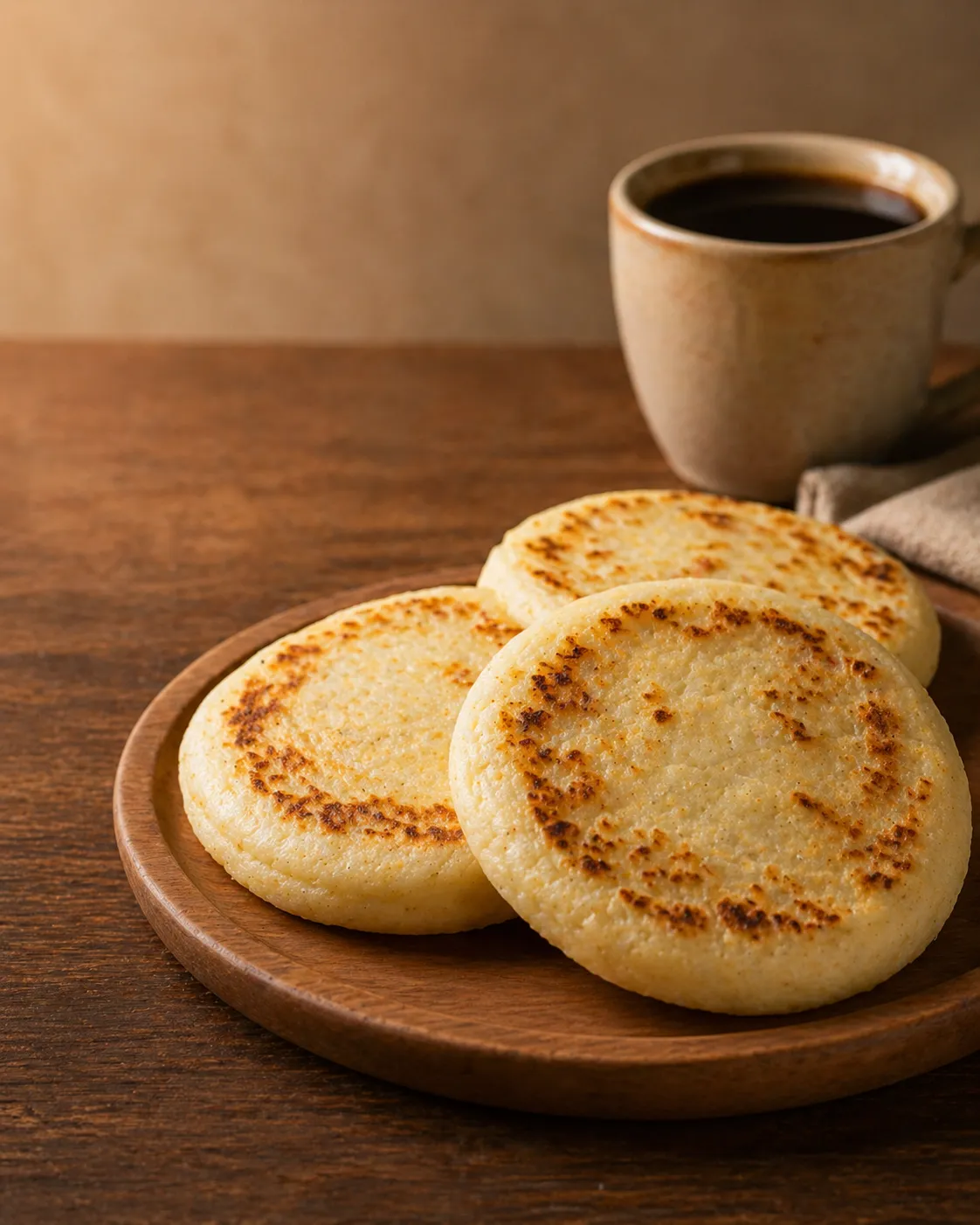 A warm, premium photo of a handmade Colombian arepa