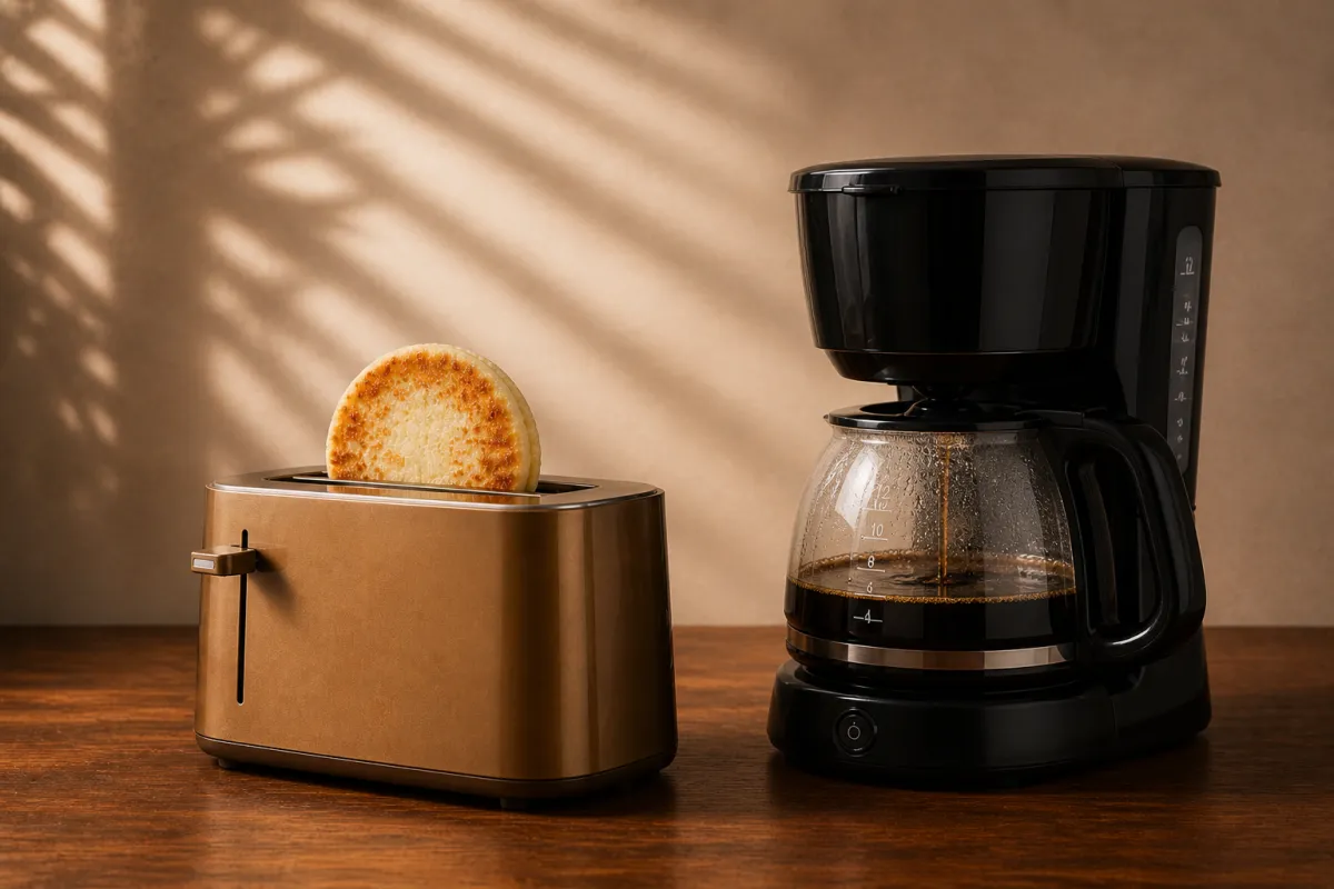 Close-up of golden arepa going into a toaster hile coffee brews
