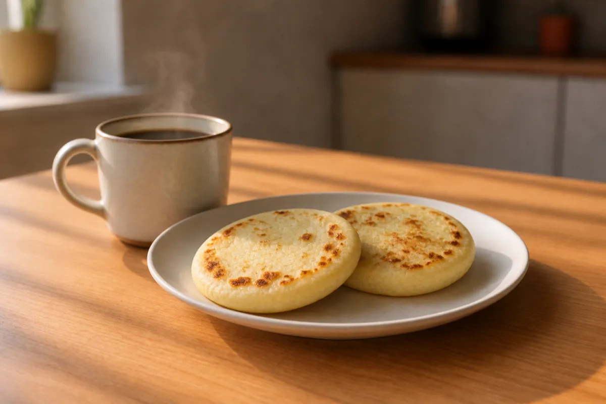 Cozy morning arepa and coffee breakfast
