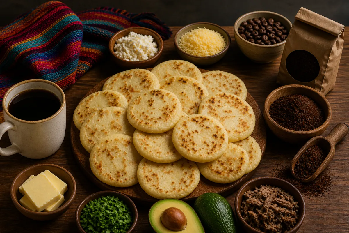 Rustic breakfast with arepas and coffee