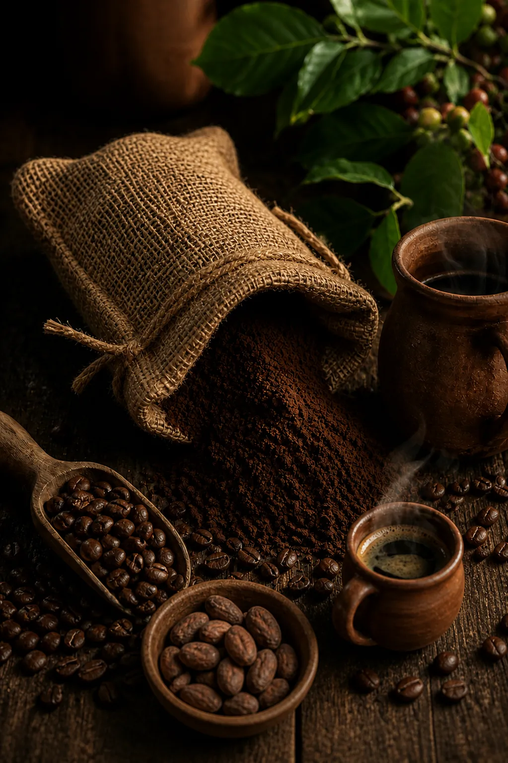 Colombian coffee beans cacao and brewed coffee in traditional clay cups on rustic wooden table