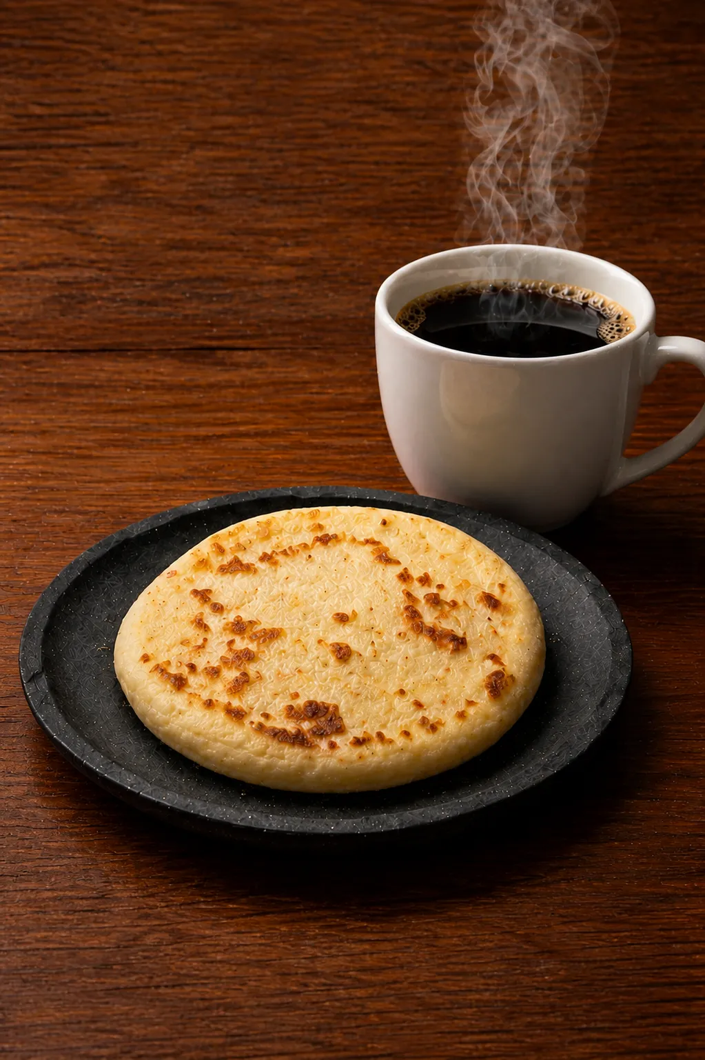 warm arepa on a plate with a hot cup of coffee on a wooden surface