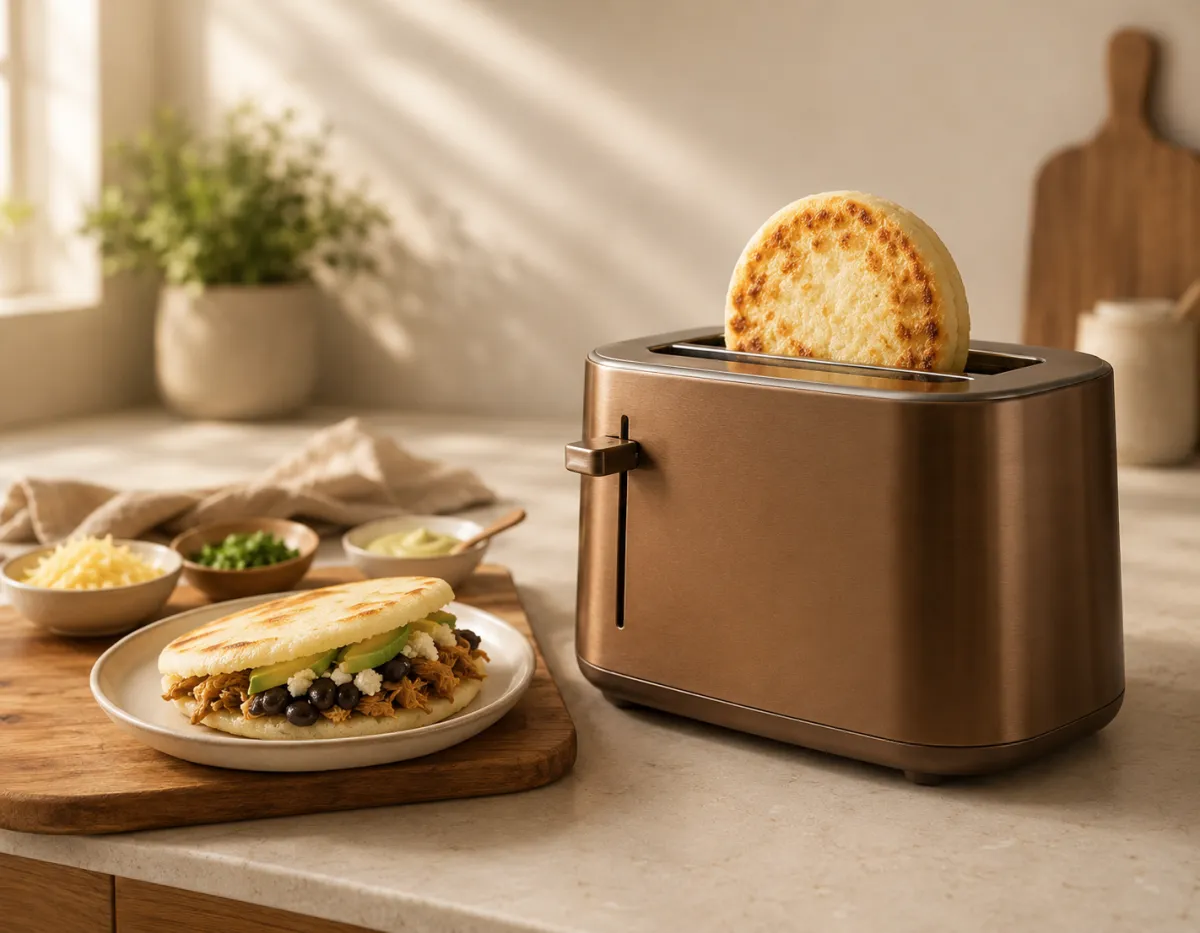 Zavor arepas heating in a toaster ad getting ready to eat