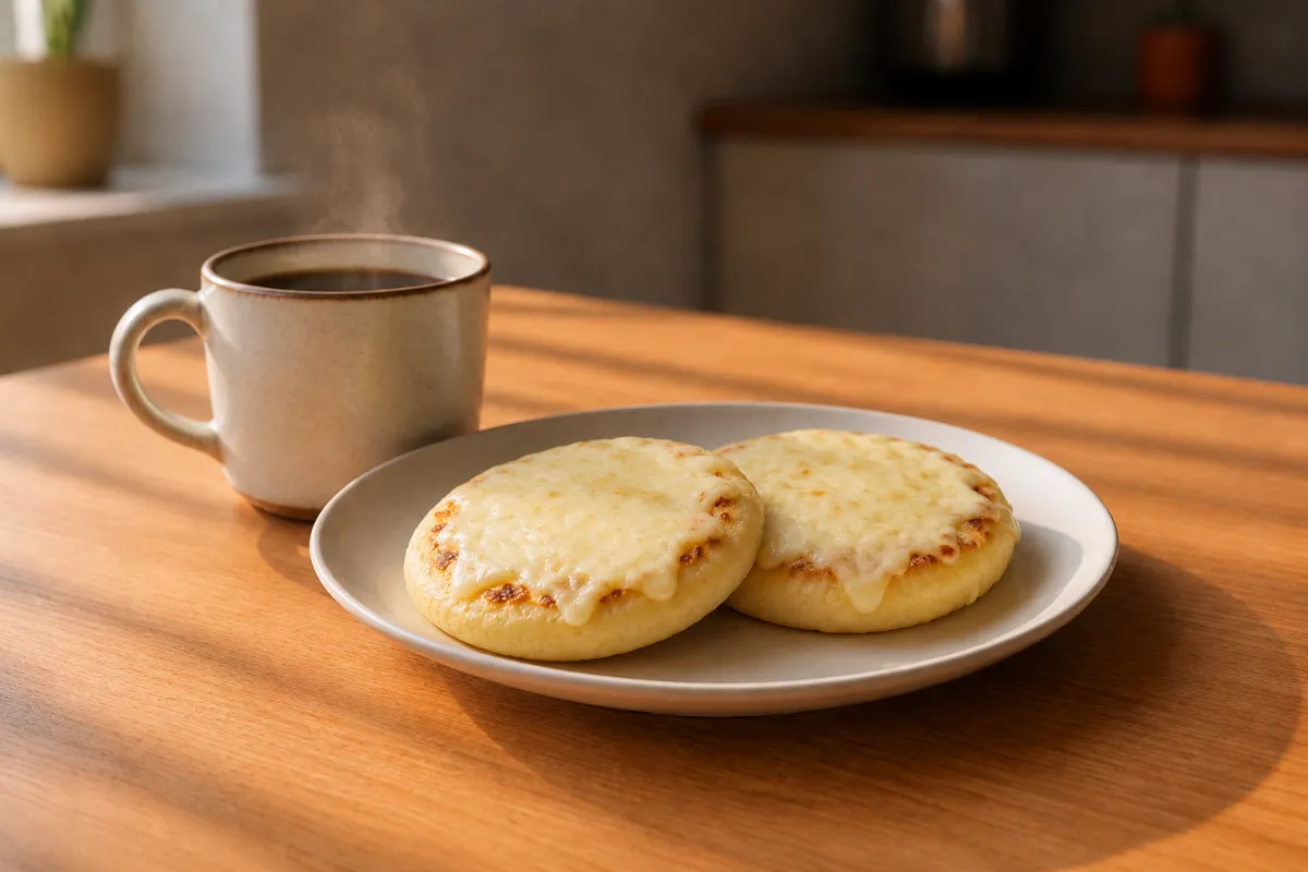Cozy morning arepa and coffee breakfast