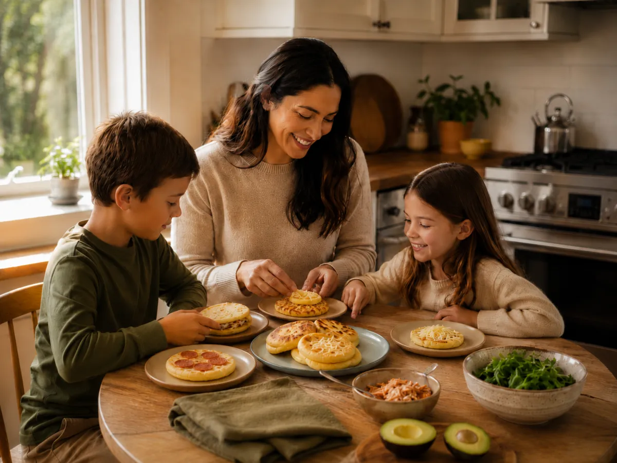 A relatable, warm family kitchen scene eating arepas