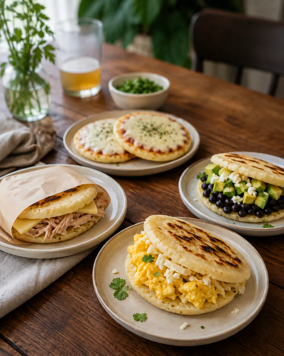 Colombian arepas paired with other foods served on a table