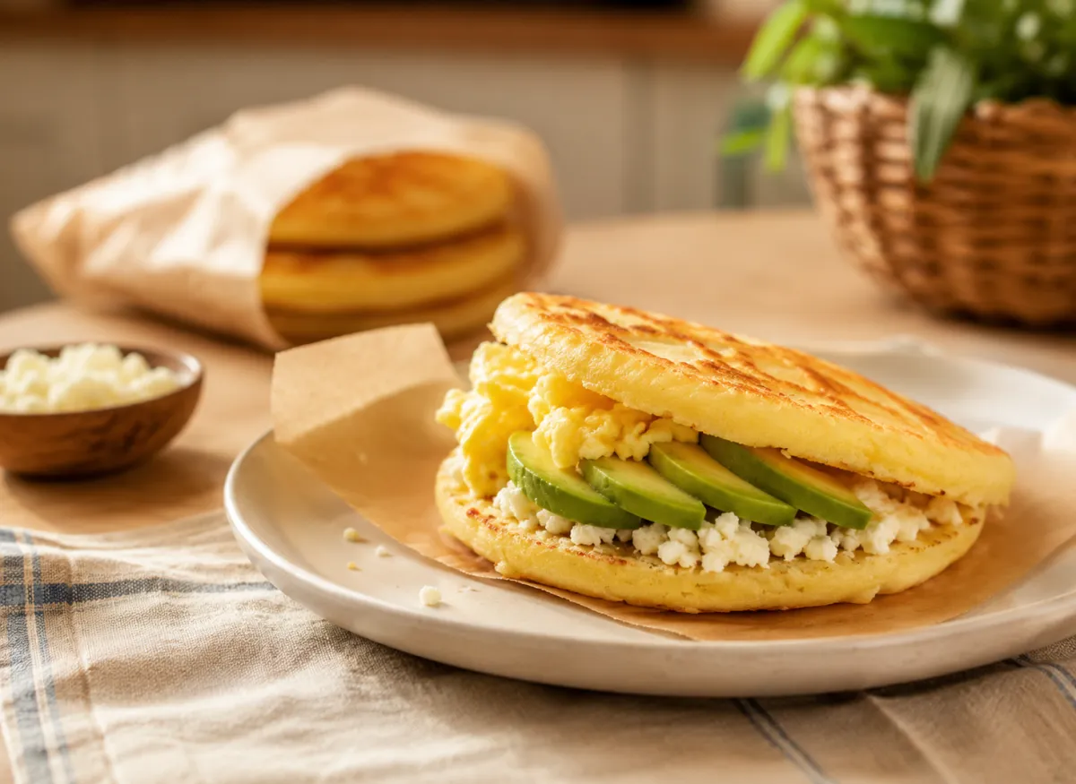Scrambled egg arepa with avocado and cheese