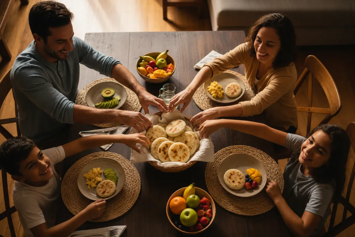 Family having arepas breakfast brunch