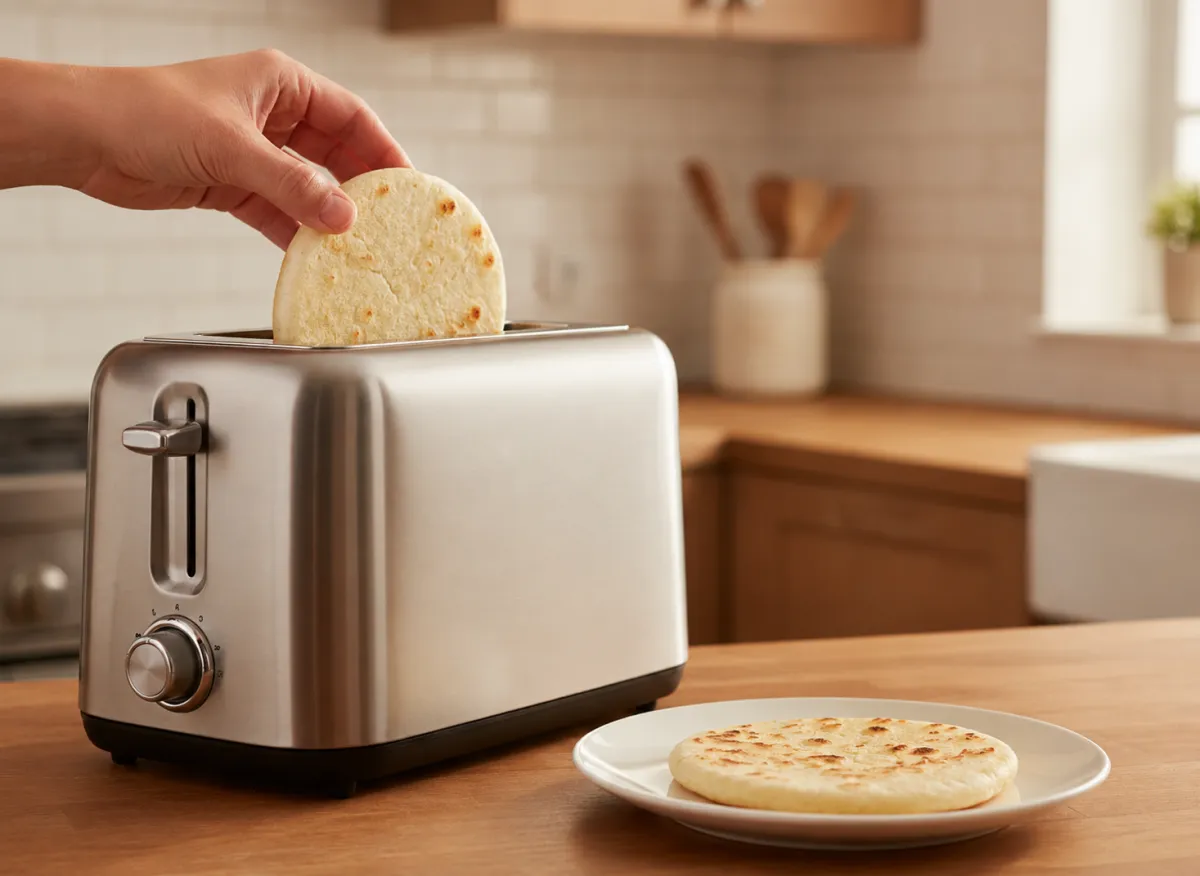 Hand placing Colombian arepa into toaster with finished golden arepa on plate