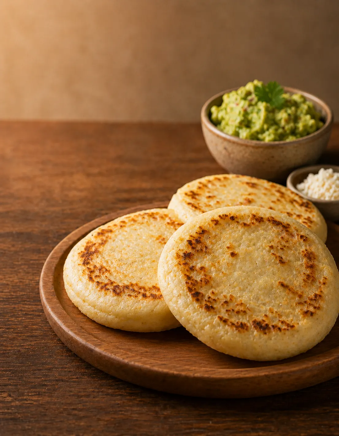 A warm, premium photo of a handmade Colombian arepa with guacamole and cheese