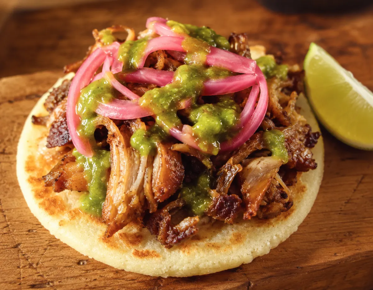 Arepa with Mexican Carnitas — Crispy Slow-Cooked Pork on a Colombian Arepa
