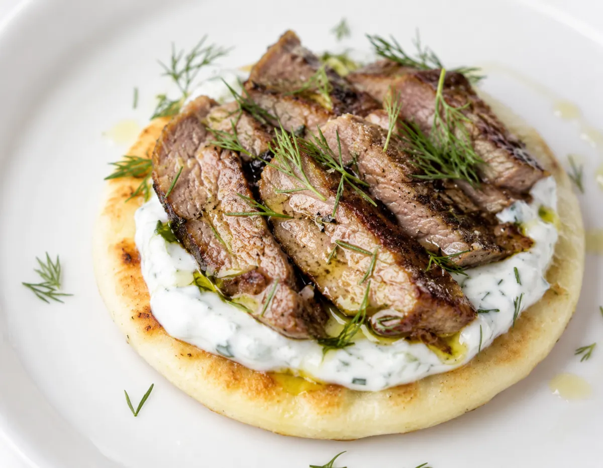 Grilled herb lamb and tzatziki on a warm gluten-free arepa with fresh dill and olive oil