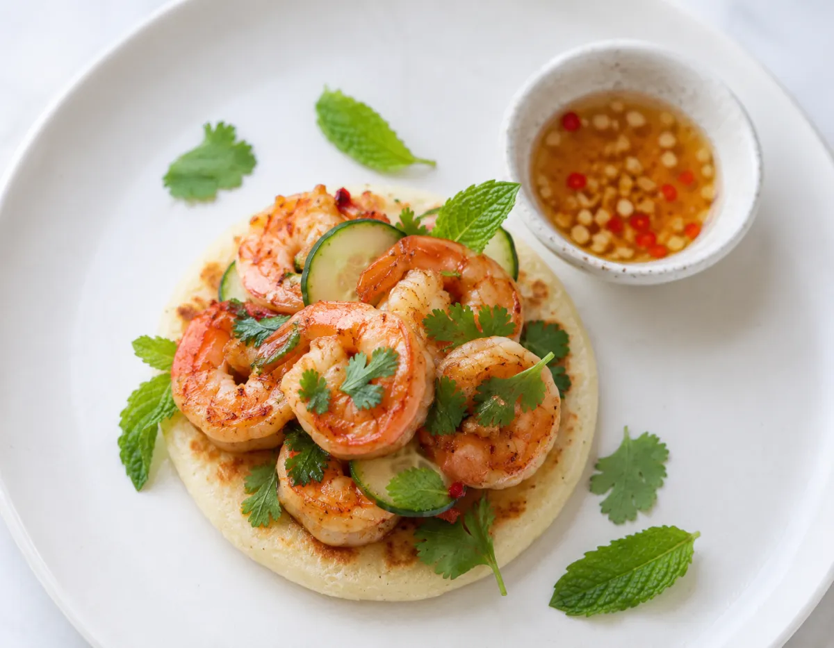 Vietnamese lemongrass shrimp with fresh herbs and nuoc cham on a warm gluten-free arepa