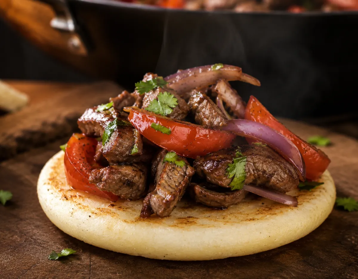 Arepa with Peruvian Lomo Saltado — South American Fusion at Its Best