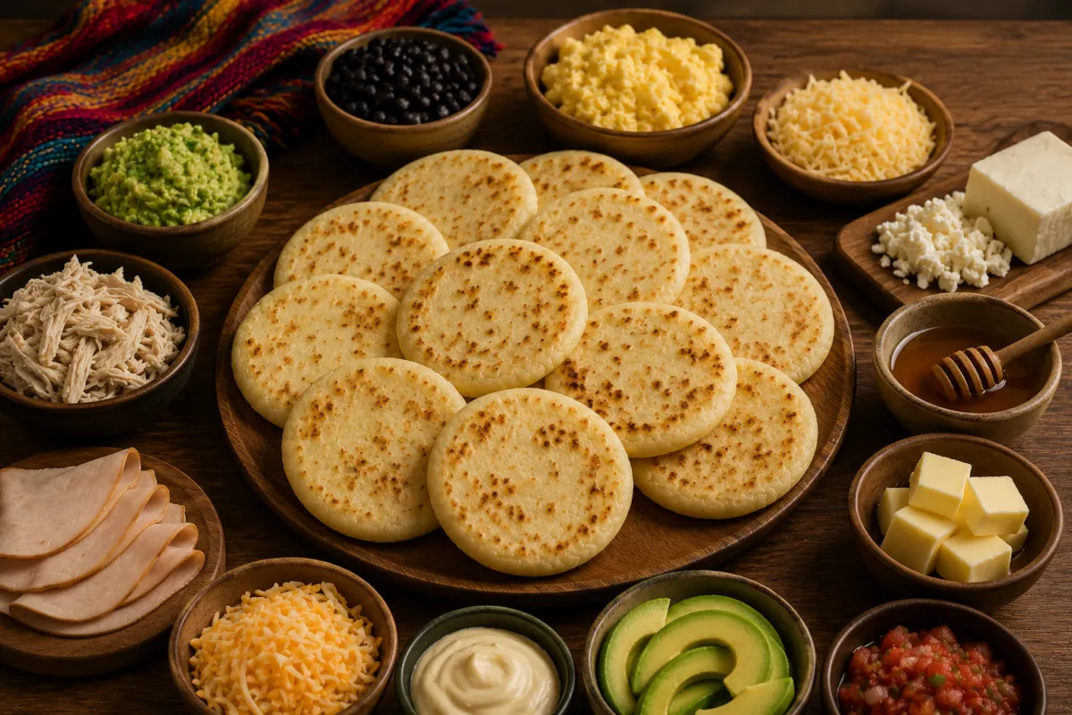 Rustic table setting with warm golden Colombian arepas and topings