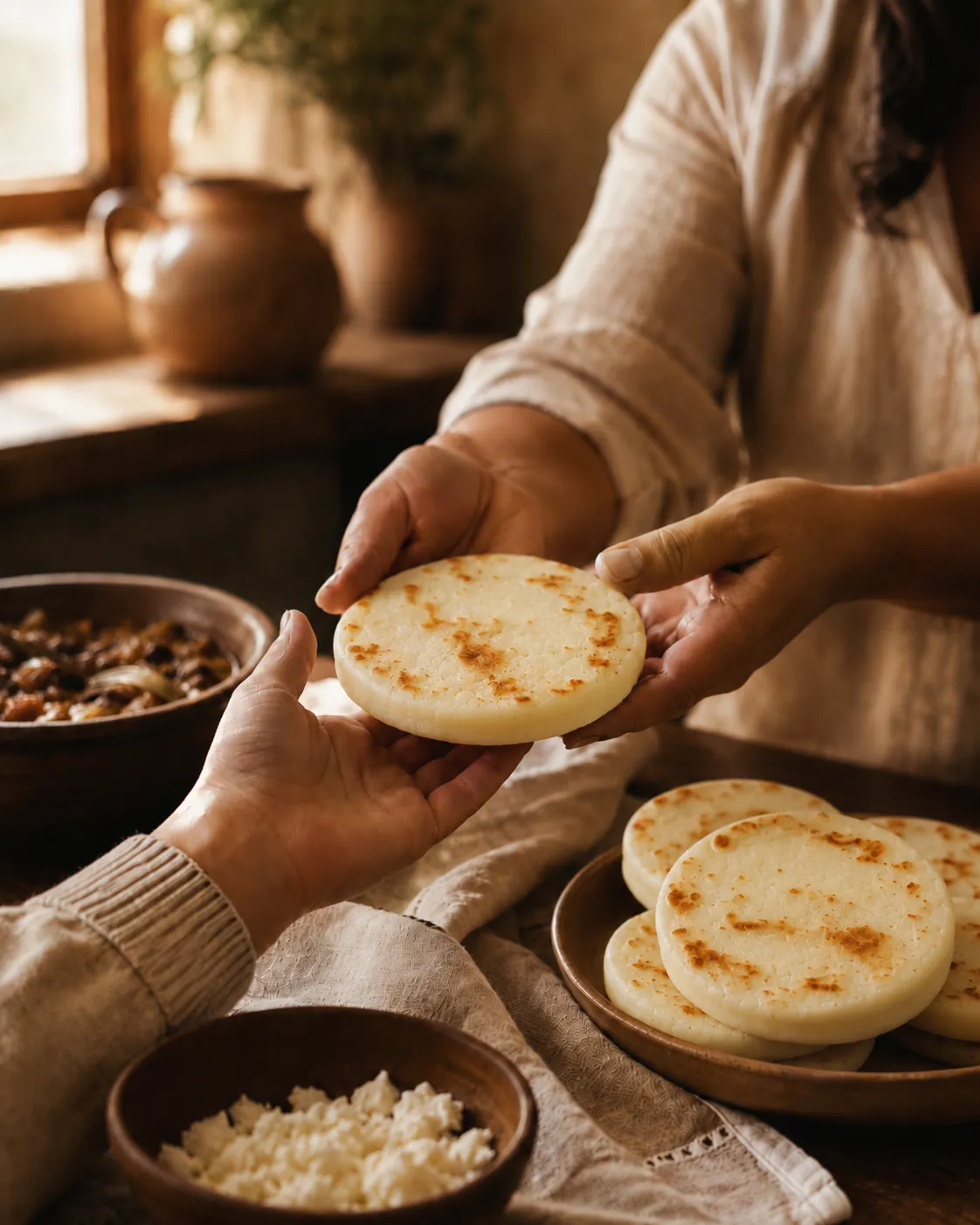 Hands passing a Colombian-style arepa over a rustic table with more arepas, cheese, and warm kitchen lighting