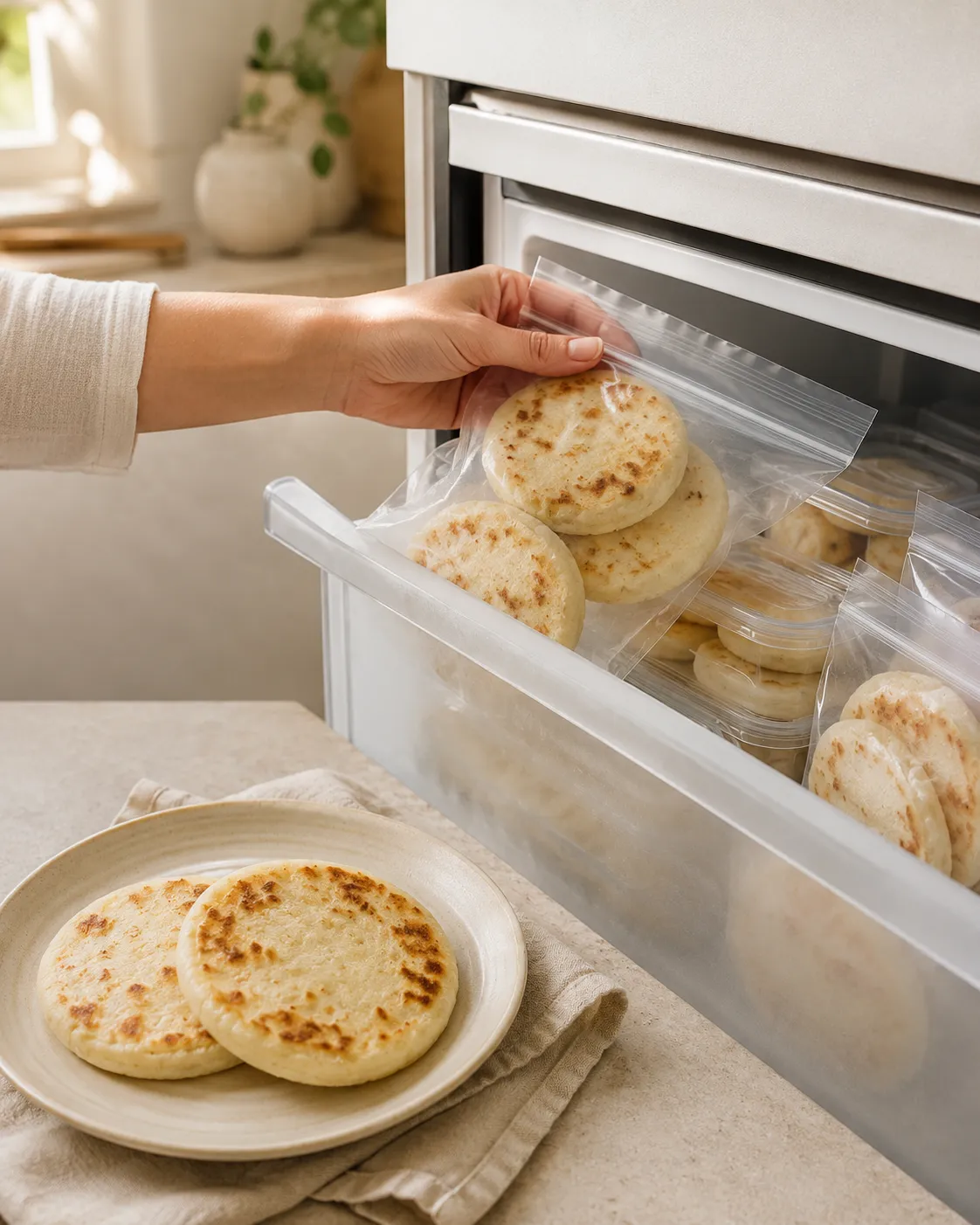 Frozen Colombian-style arepas in a home kitchen, ready to store in the freezer and heat when needed.